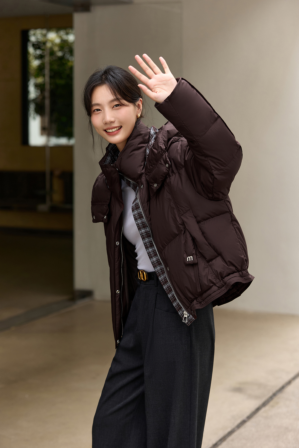 Patchwork Plaid Stand Collar Warm Short Hooded Down Jacket-VIMLYSTORE