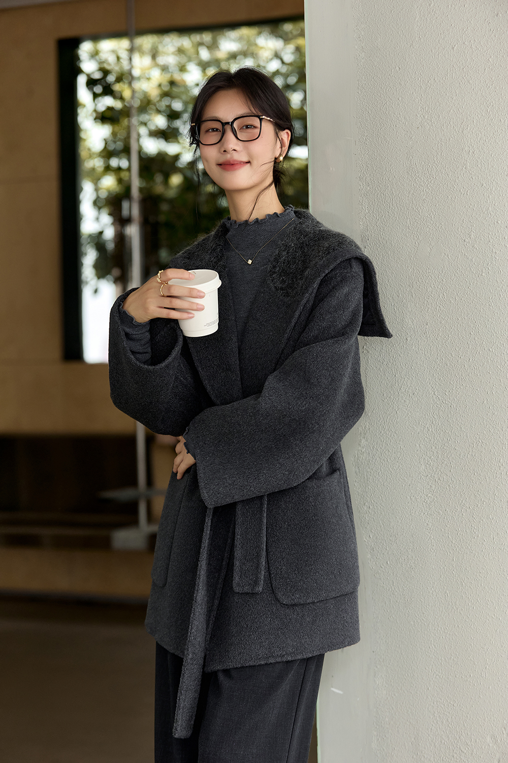 Sailor Collar Double-Faced Wool Loose Tie Wool Coat-VIMLYSTORE