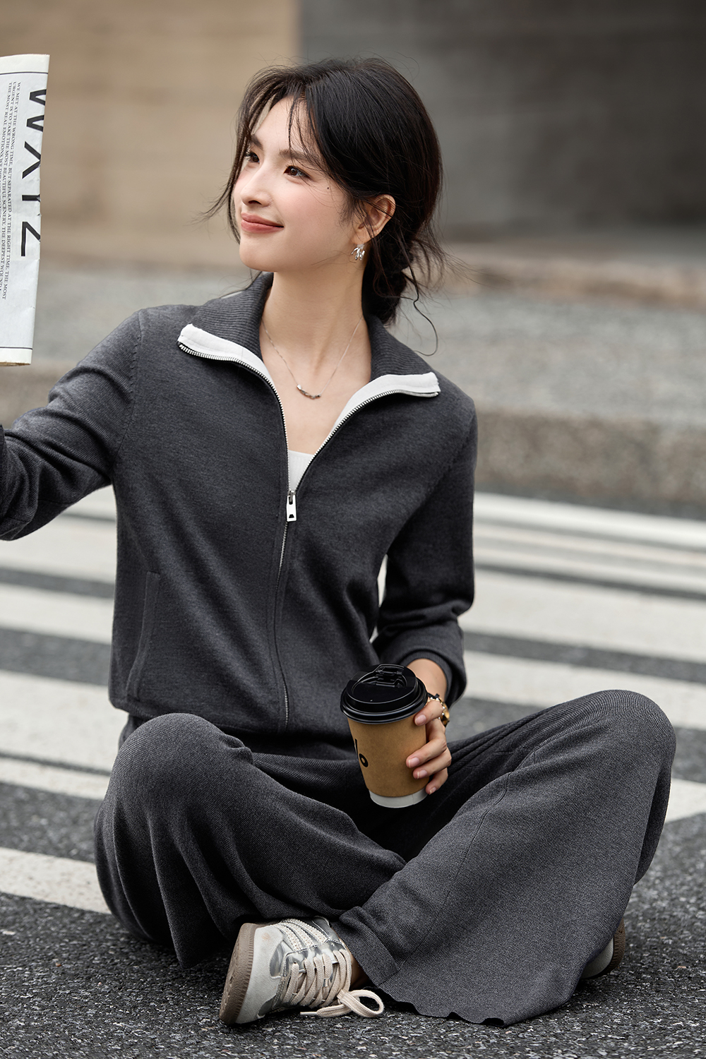 Color Block Zipper Lapel Knit Set-VIMLYSTORE