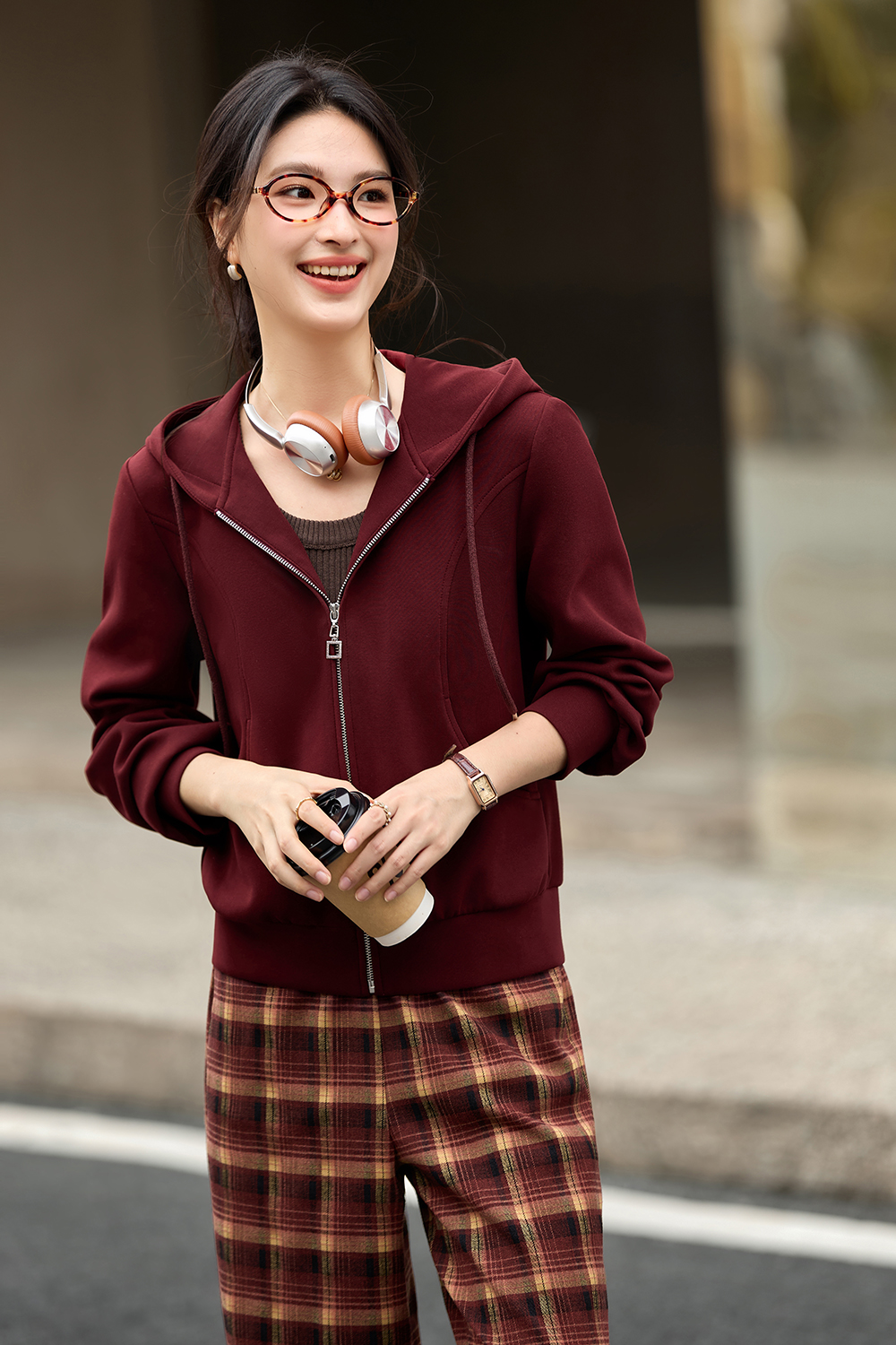 Hooded Zipper Jacket Plaid Pants Set-VIMLYSTORE