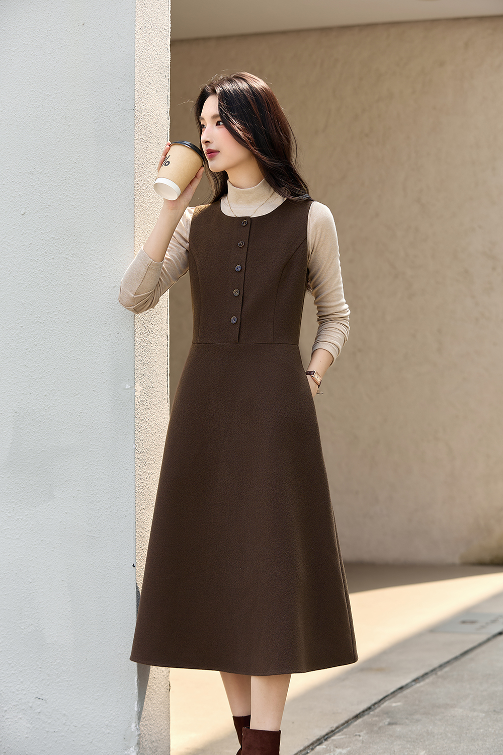 Stand Collar Knit Slip Vest Dress Set-VIMLYSTORE