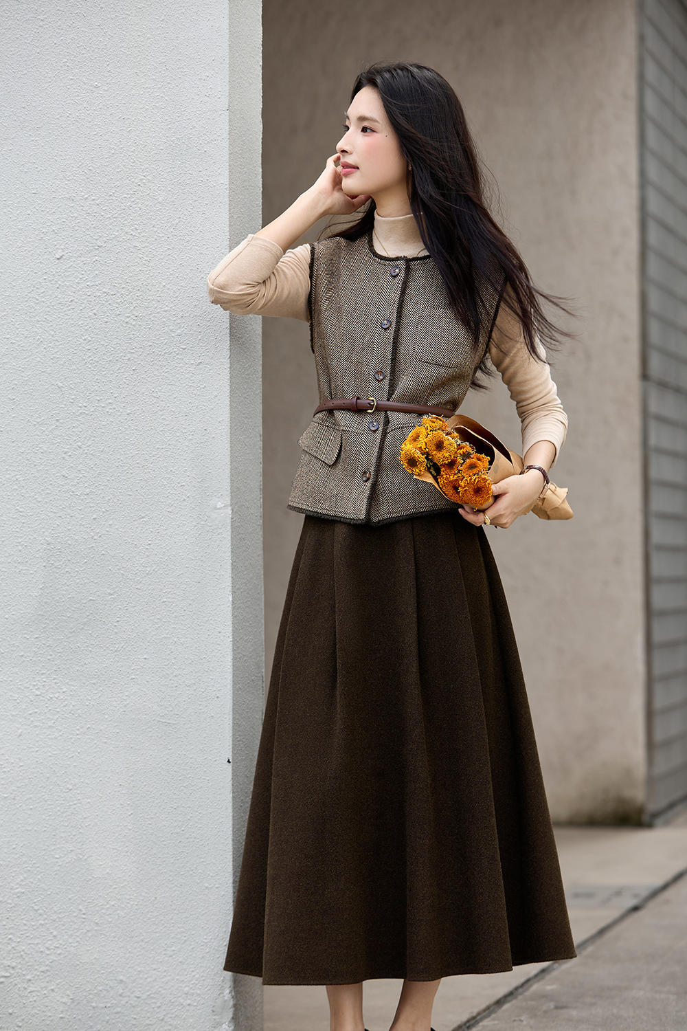 Round Neck Vest A-Line Long Skirt Set-VIMLYSTORE