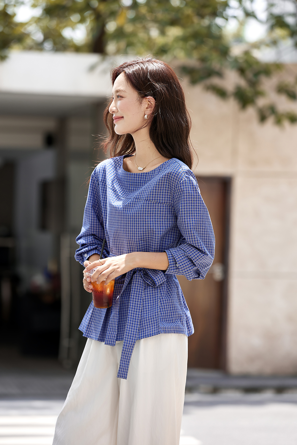 Boat Neck Plaid Waist Tie Slimming Long Sleeve Shirt-VIMLYSTORE