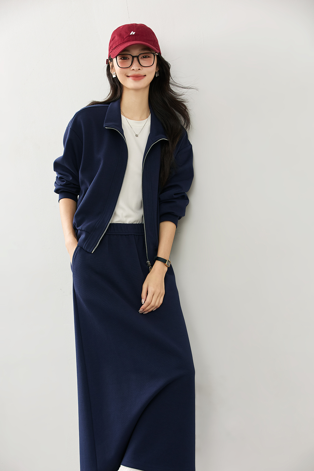 Navy blue cardigan sweater coat and skirt-VIMLYSTORE