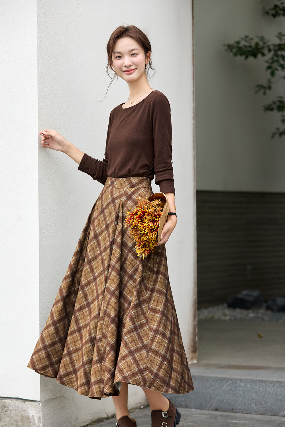 French Elegant Plaid Large Hem Midi Skirt-VIMLYSTORE