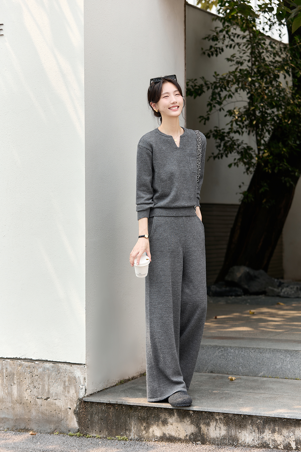 V-Neck Sweater & Straight Pants Set-VIMLYSTORE
