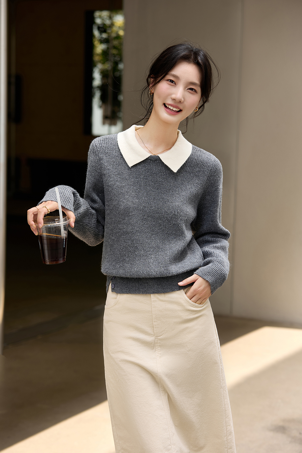 Gray Patchwork Notched Collar Knit Top-VIMLYSTORE