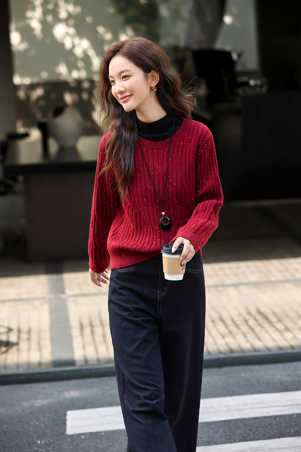 Red Cable-Knit Warm Sweater-VIMLYSTORE