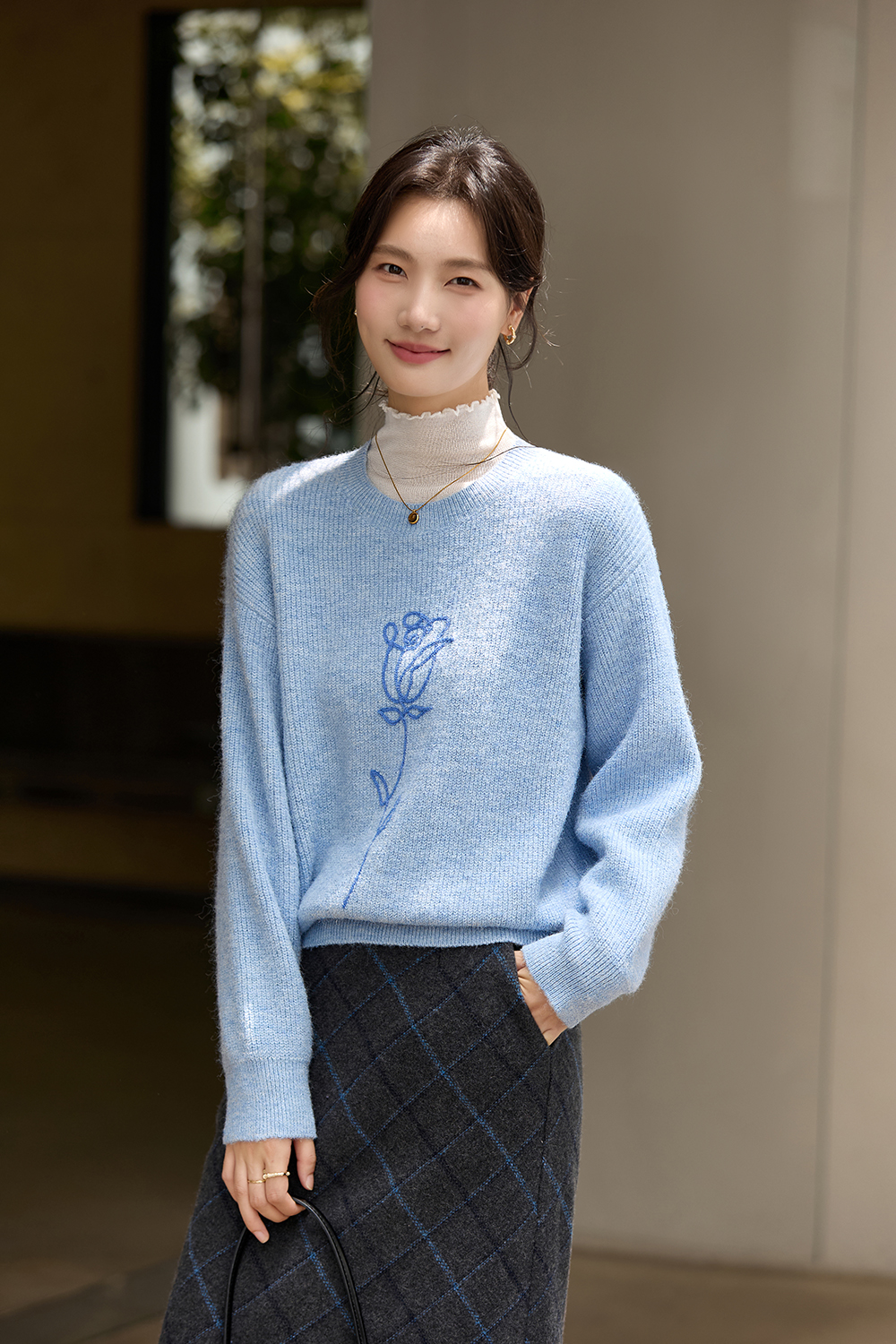 Blue Rose Embroidered Oversized Knit-VIMLYSTORE