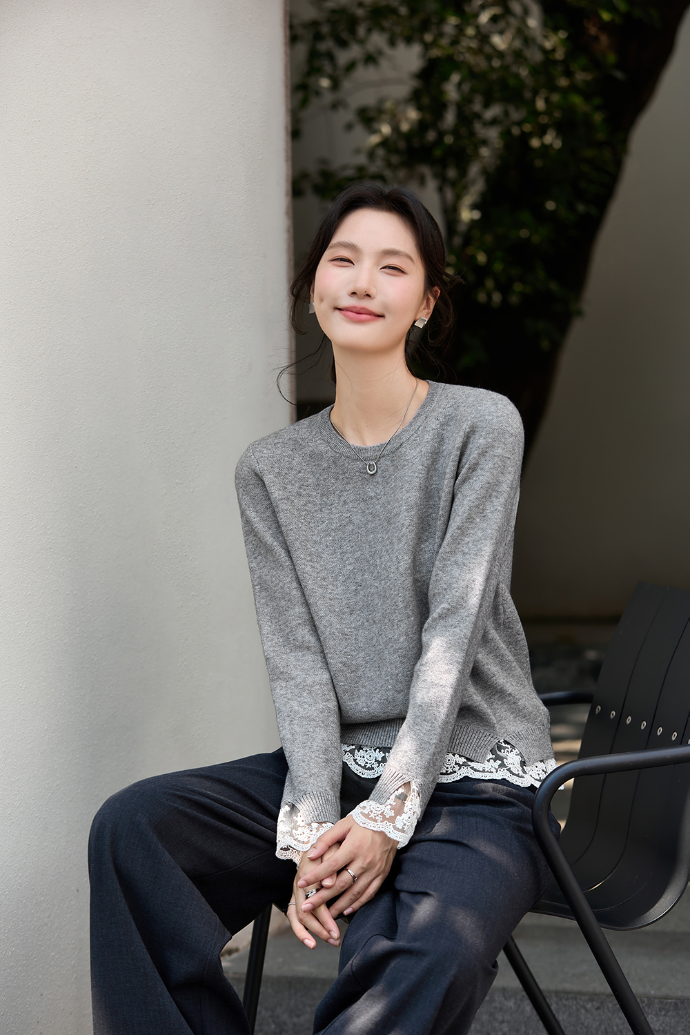 Grey Lace-Trimmed Crewneck Knit Top