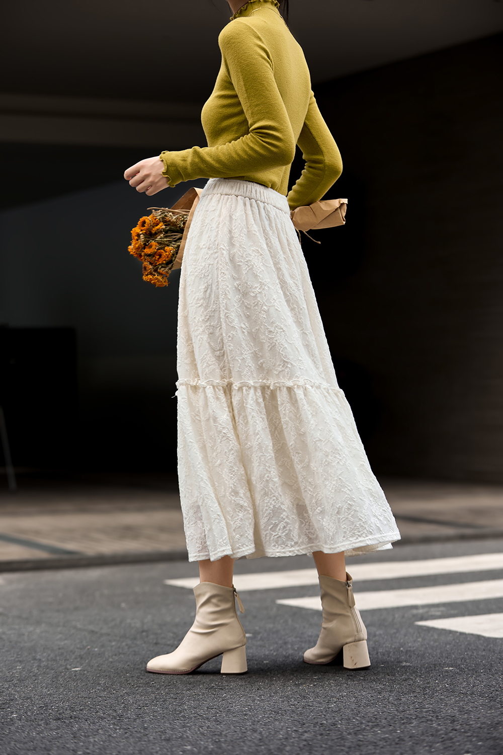 French Brushed Lace Panel Midi Skirt