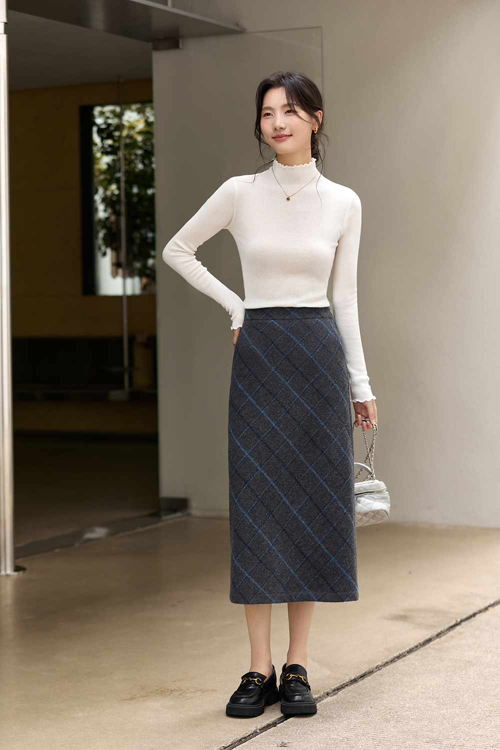 Grey-Blue Checked Wool-Blend Midi Skirt
