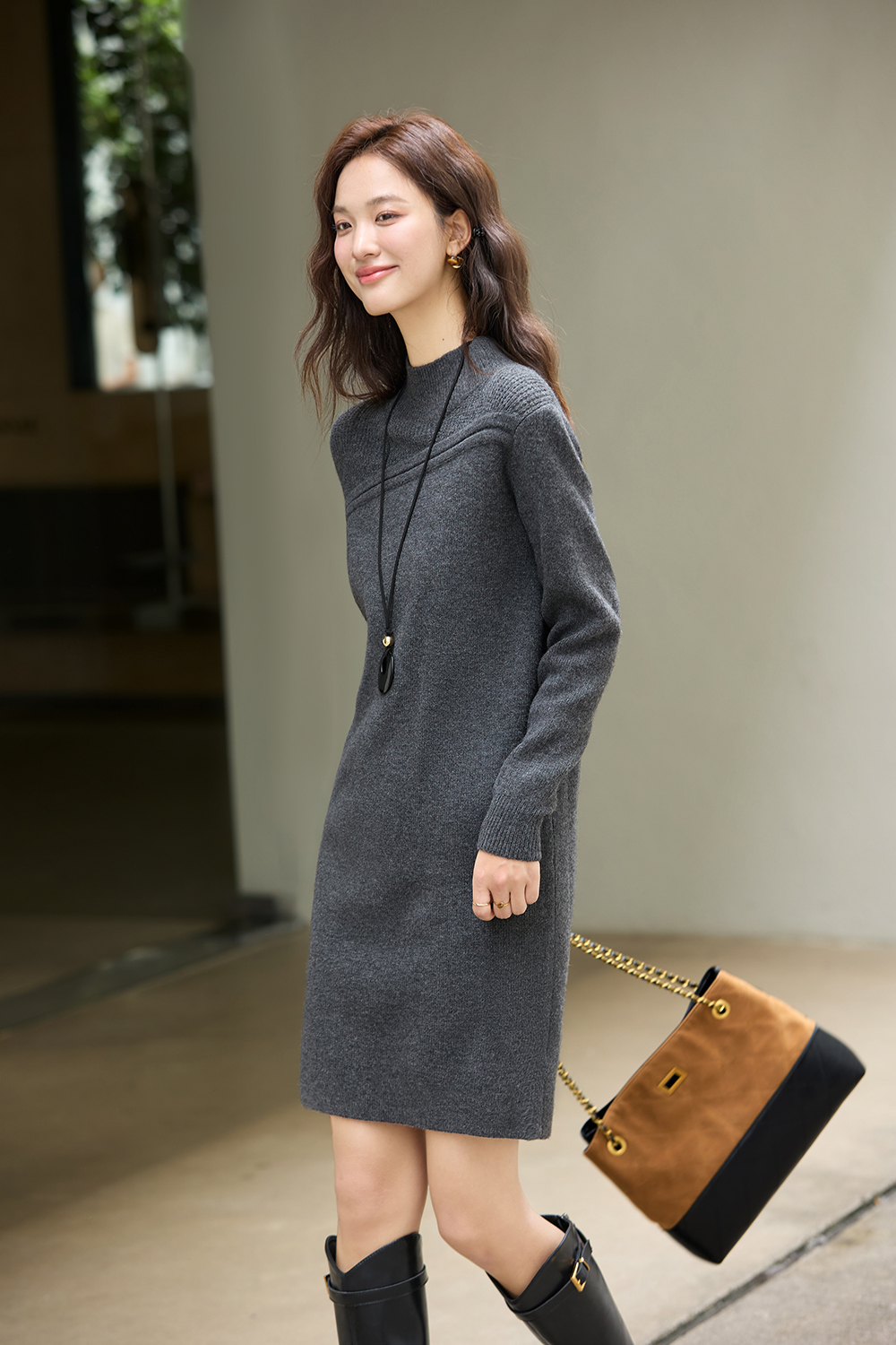Mock-Neck Paneled Knit Dress