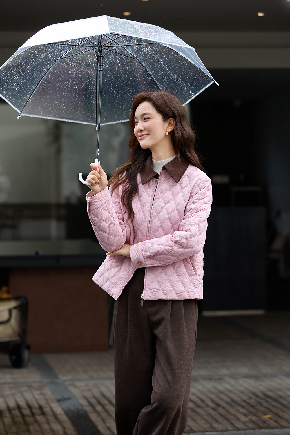 Color-Block Lapel Argyle Puffer Jacket