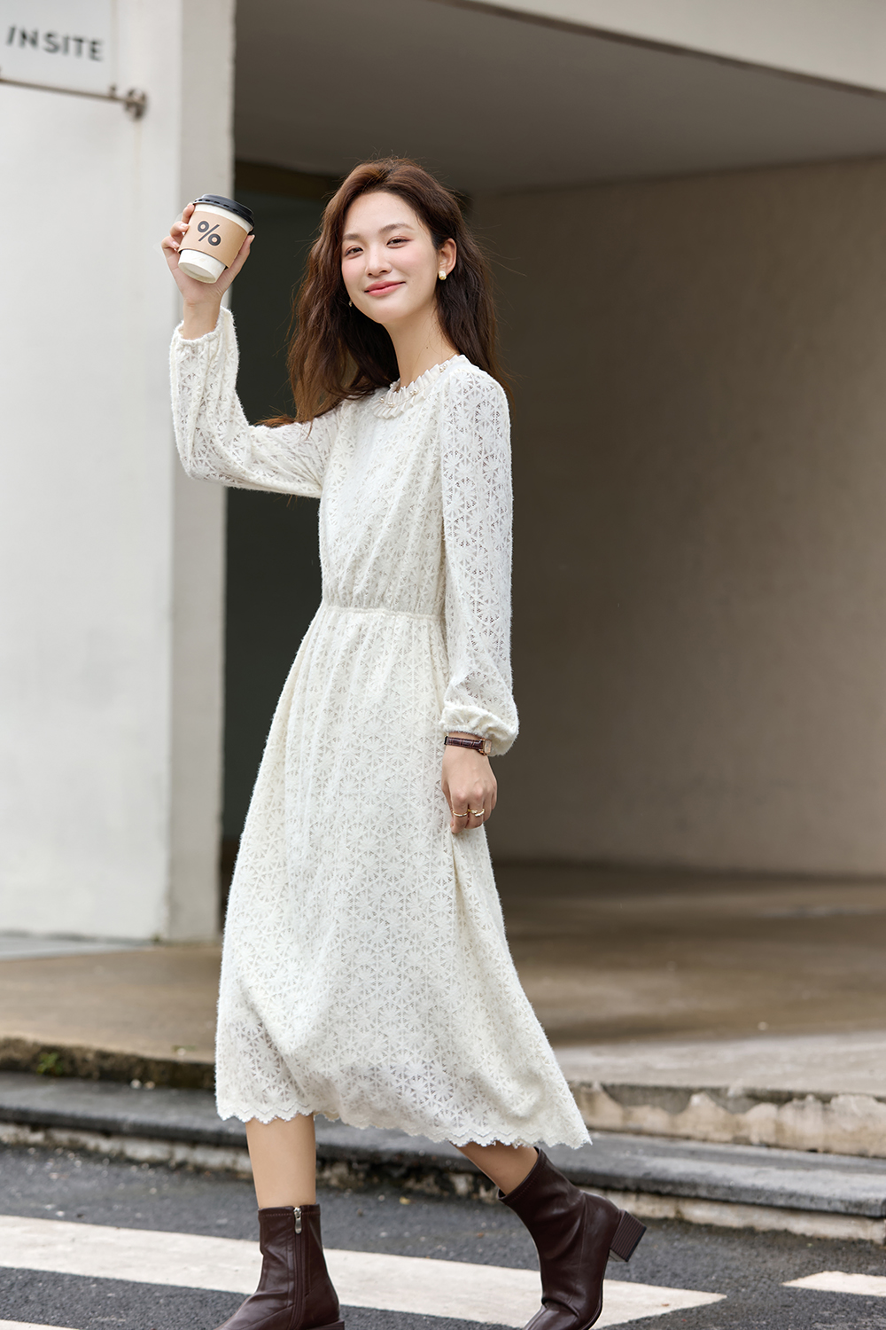 Apricot French Crewneck Lace-Trimmed Dress