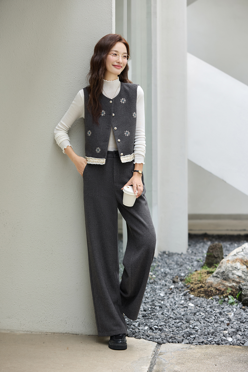 Grey Embroidered Vest Set