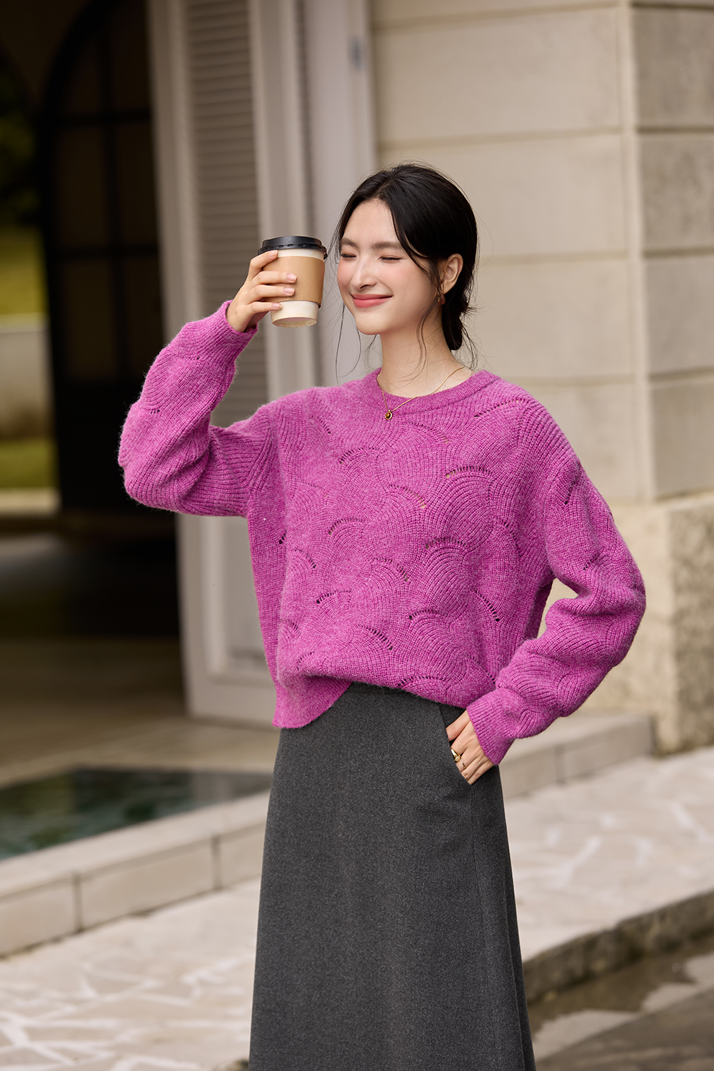 Fuchsia Openwork Pattern Crewneck Sweater