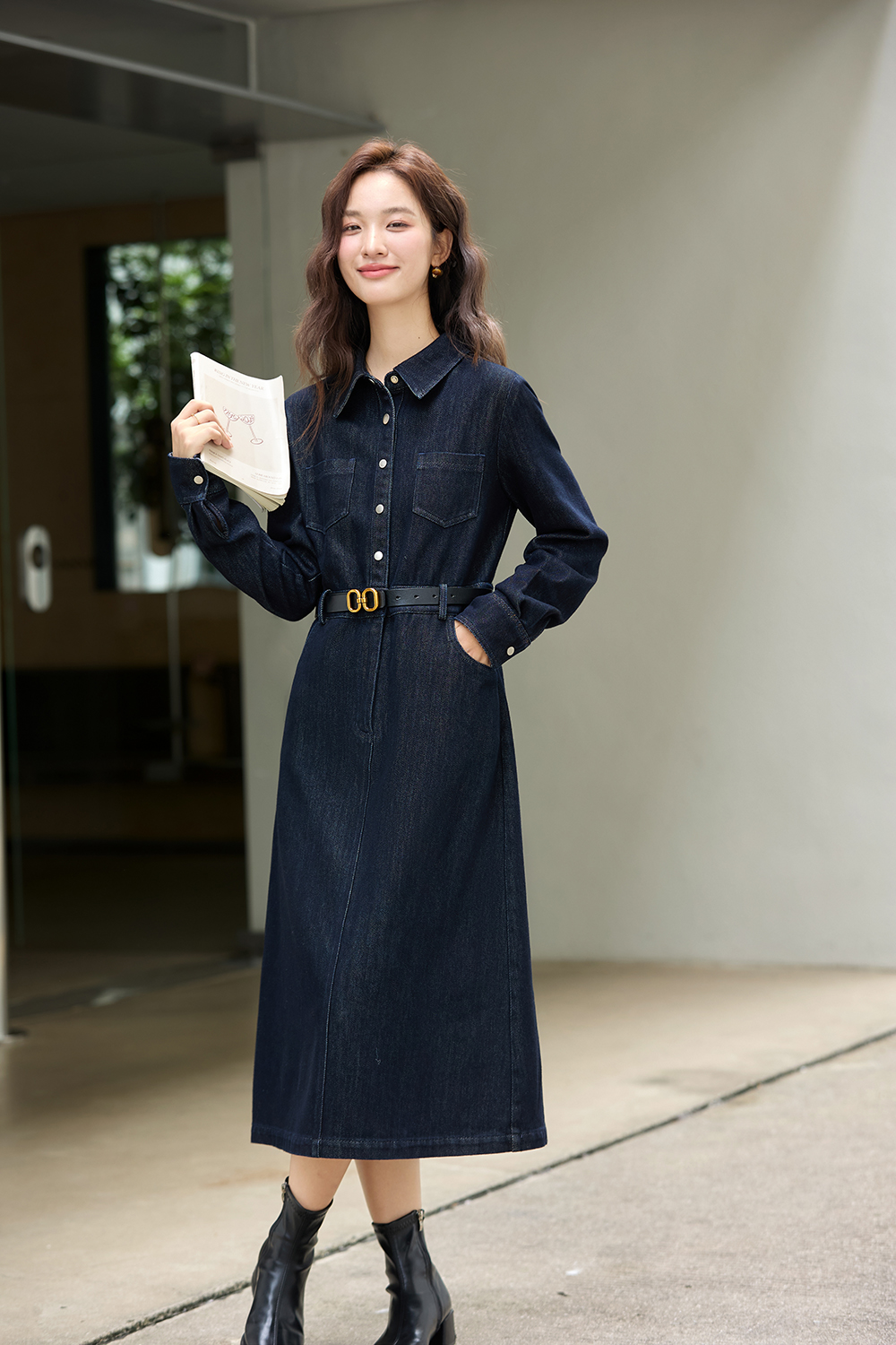 Blue Vintage Lapel Fleece-Lined Denim Dress