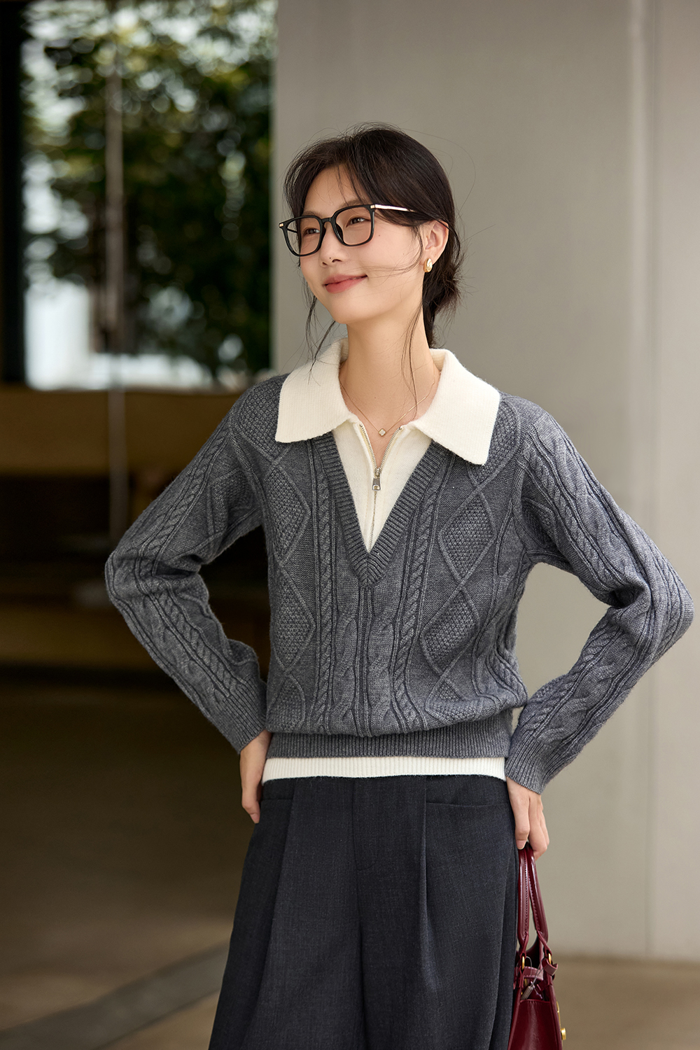 Gray Fake Two-Piece Lapel Plaid Sweater