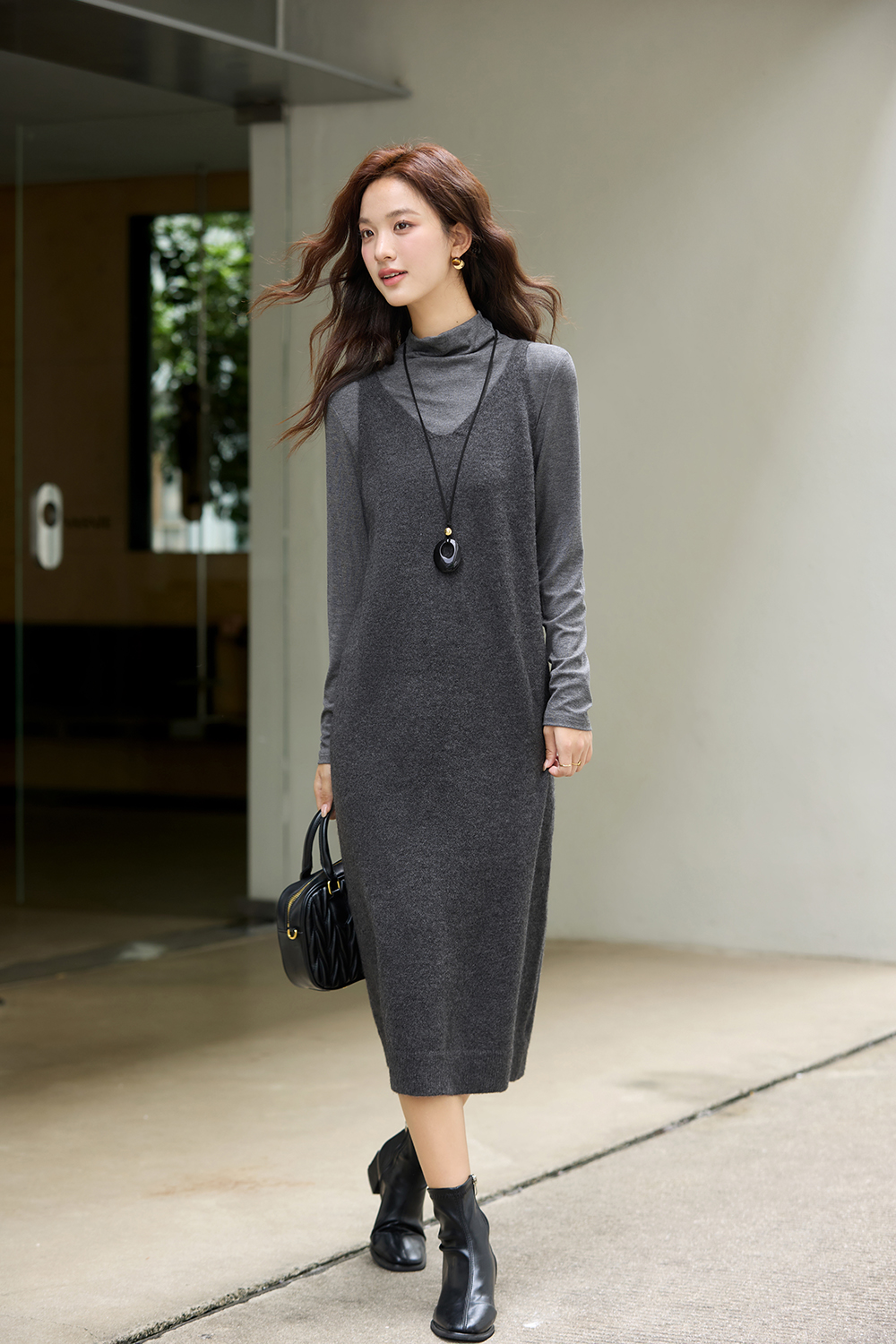 Gray Undershirt & Camisole Dress Set
