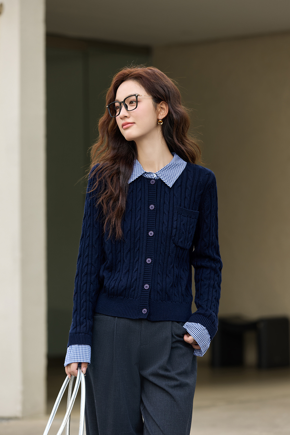 Navy Blue Fake Two-Piece Knitted Cardigan