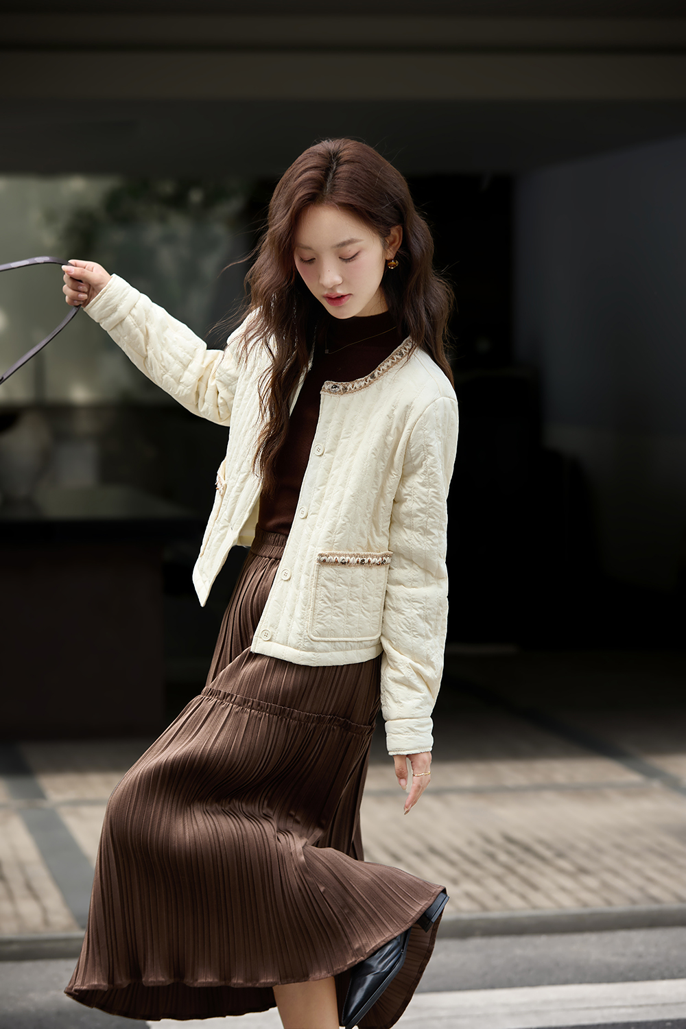 Apricot Ribbon Crew Neck Cotton Padded Jacket