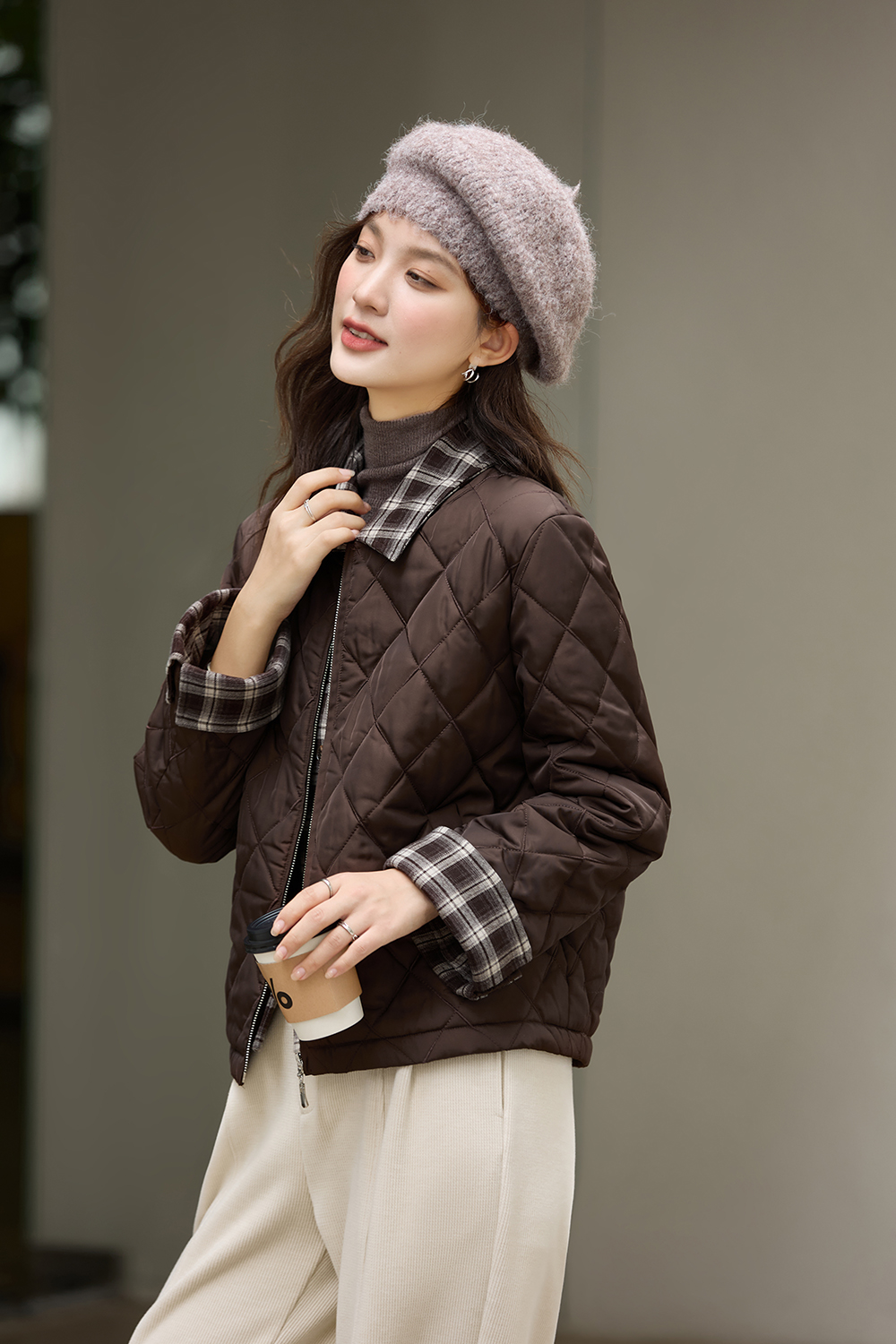 Coffee-Colored Fake Two-Piece Lapel Argyle Cotton Padded Jacket