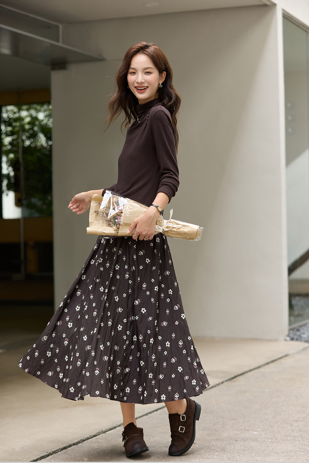 Coffee Floral Print Dress Set