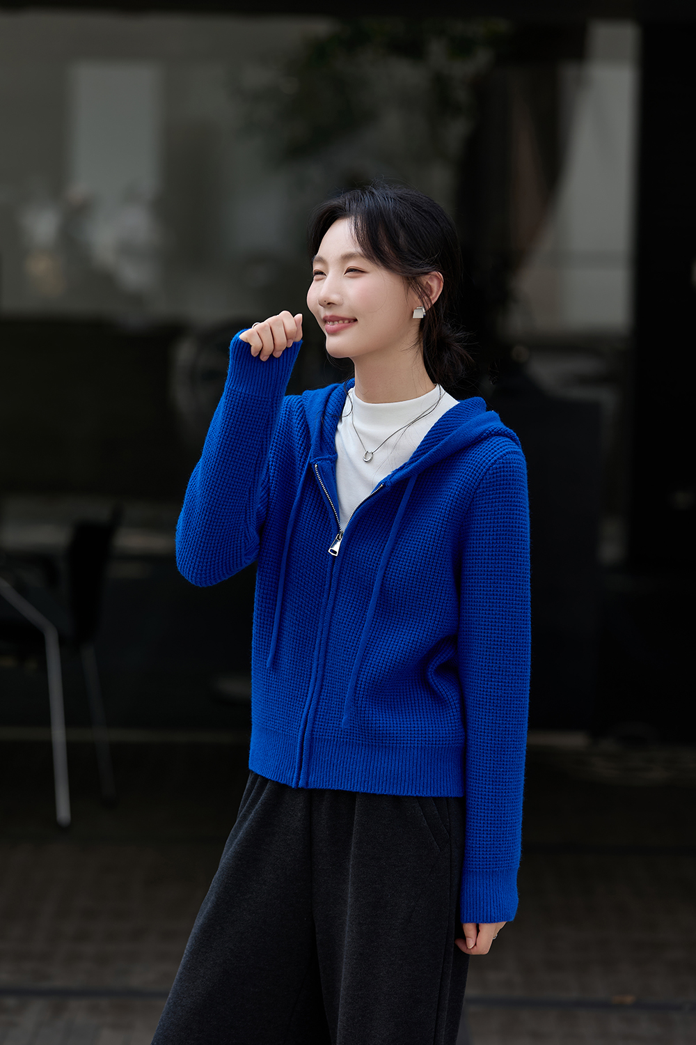 Blue Hooded Zippered Knitted Cardigan