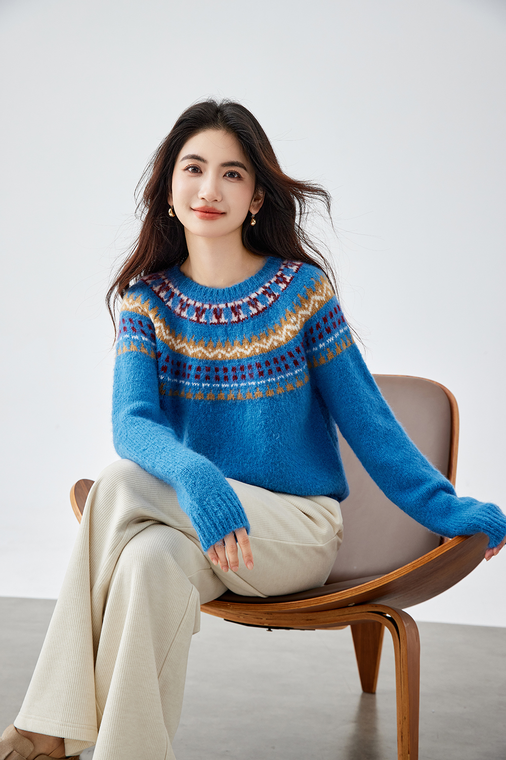 Blue Crew Neck Jacquard Sweater