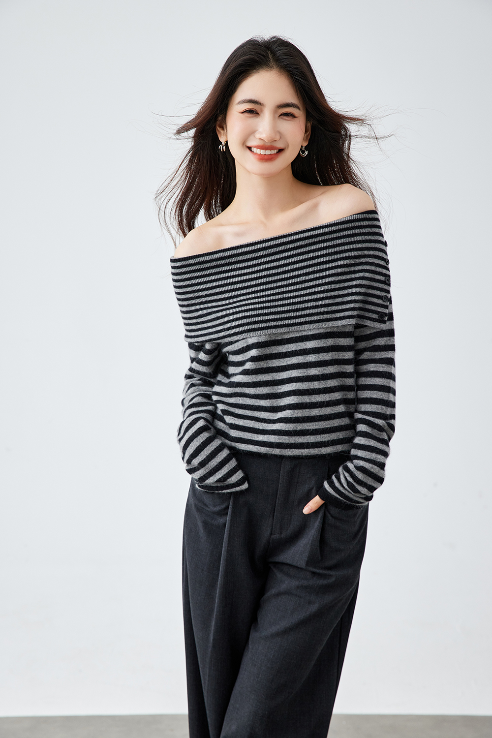 Retro Gray-White Striped Off-Shoulder Knitted Shirt