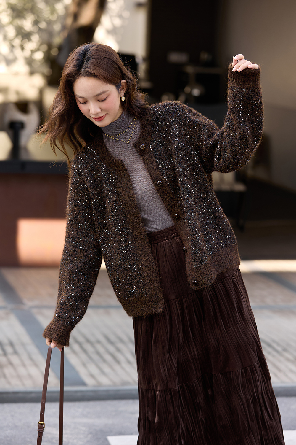 Coffee-Colored Crew Neck Sequin Sweater