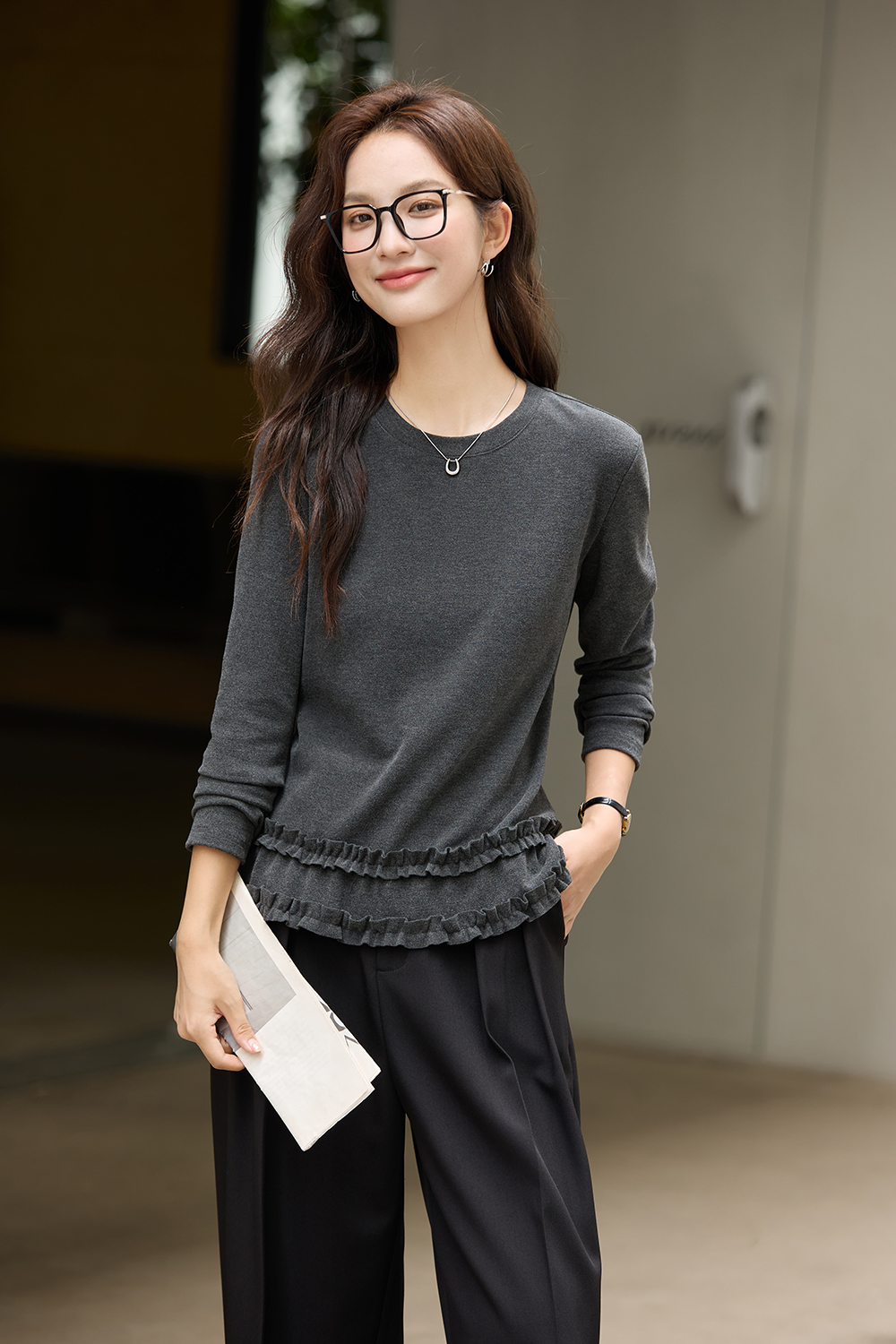 Grey Double-Layer Ruffled Trim Brushed T-Shirt