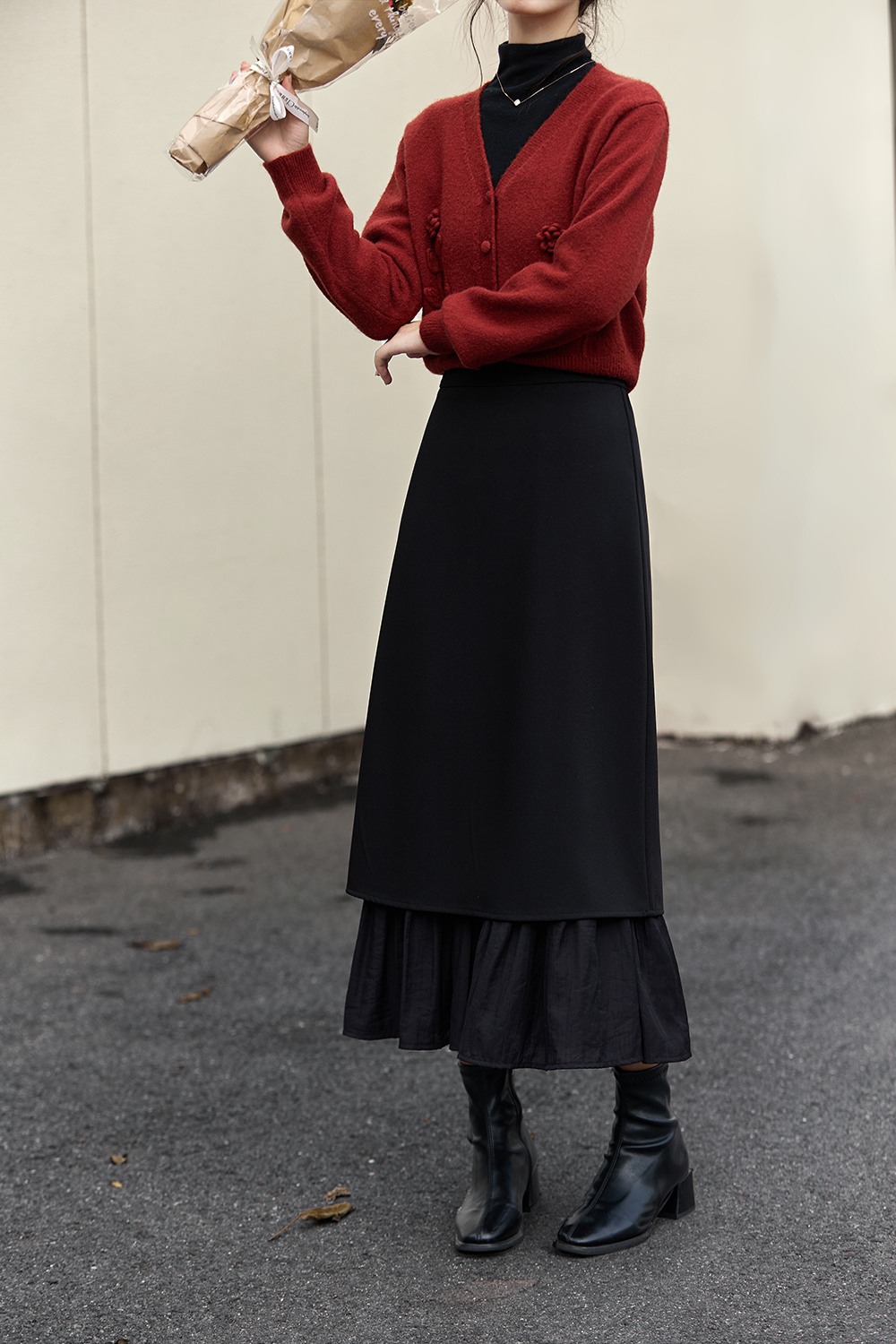 French-Style Paneled Wool Blend Midi Skirt