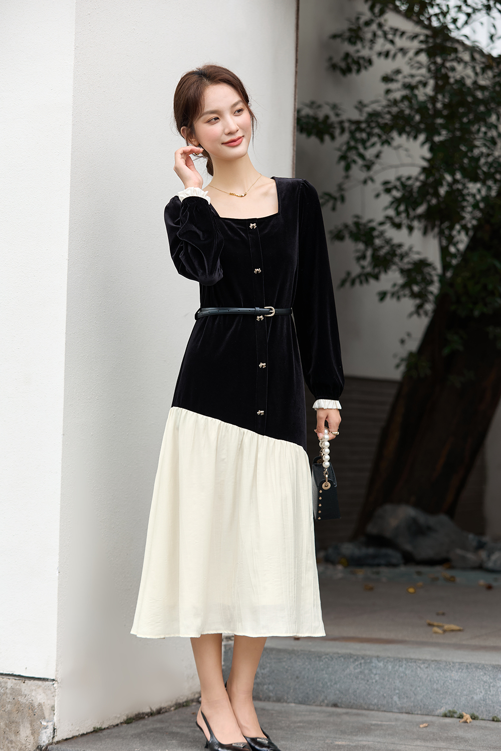 French-Style Velvet Paneled Dress