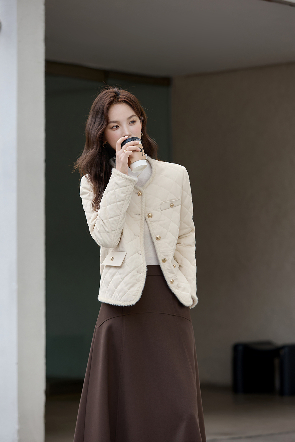 Apricot Argyle Crewneck Cotton-Padded Coat