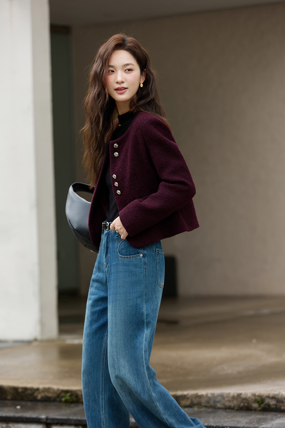 Purple Crewneck Wool Blend Coat