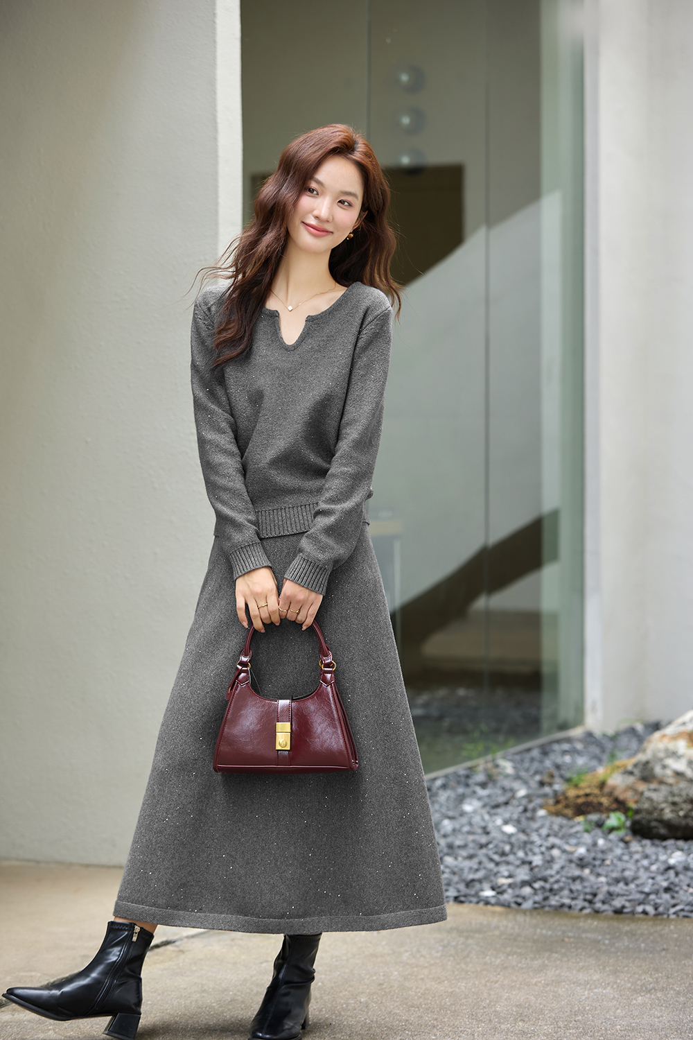 Grey Casual Knitted Suit Set