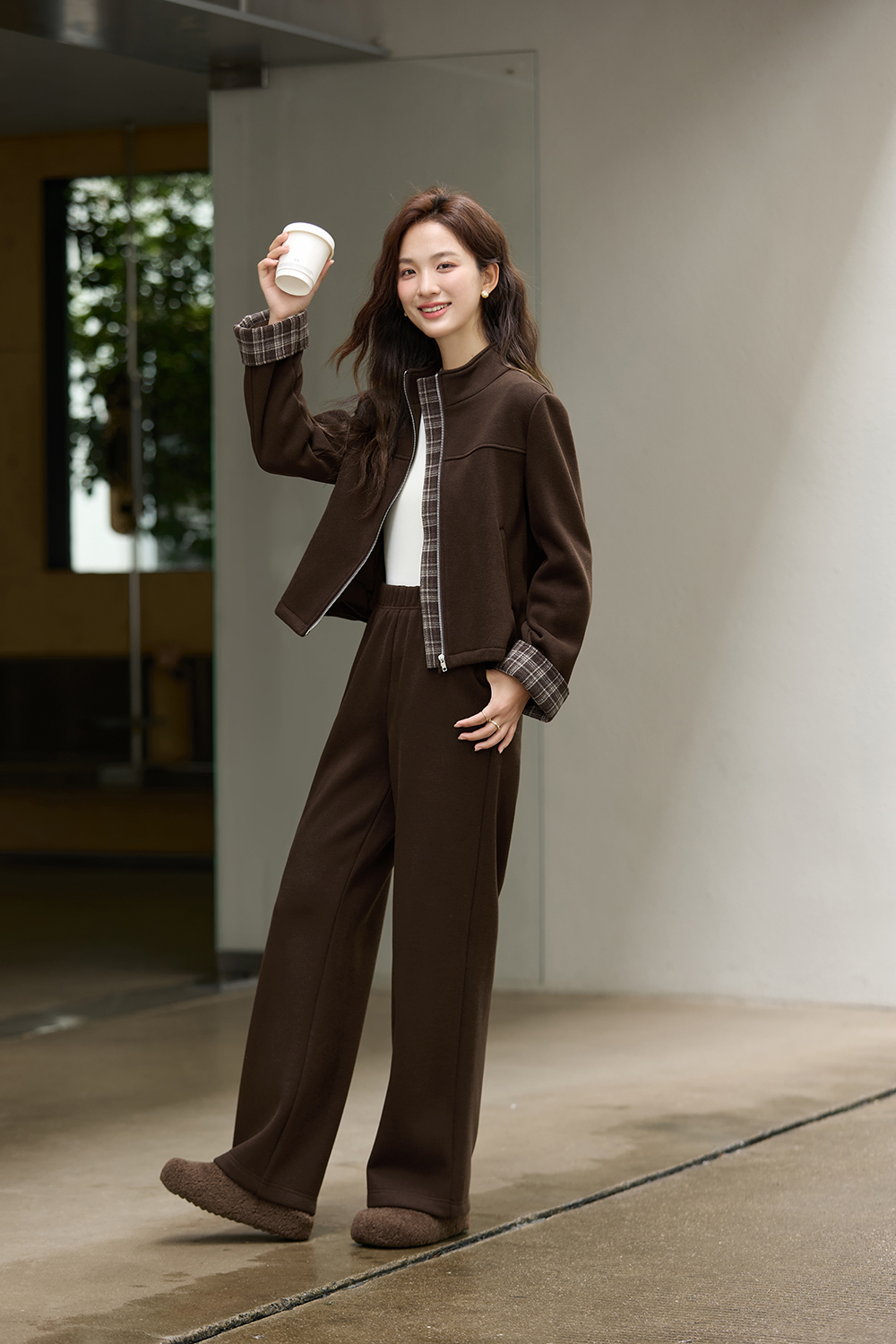 Brown Plaid Trim Suit Set