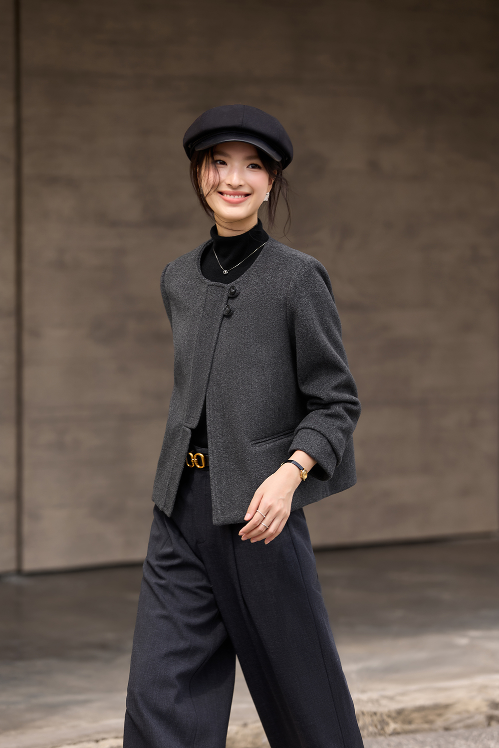 Grey French-Style Crewneck Wool Blend Coat