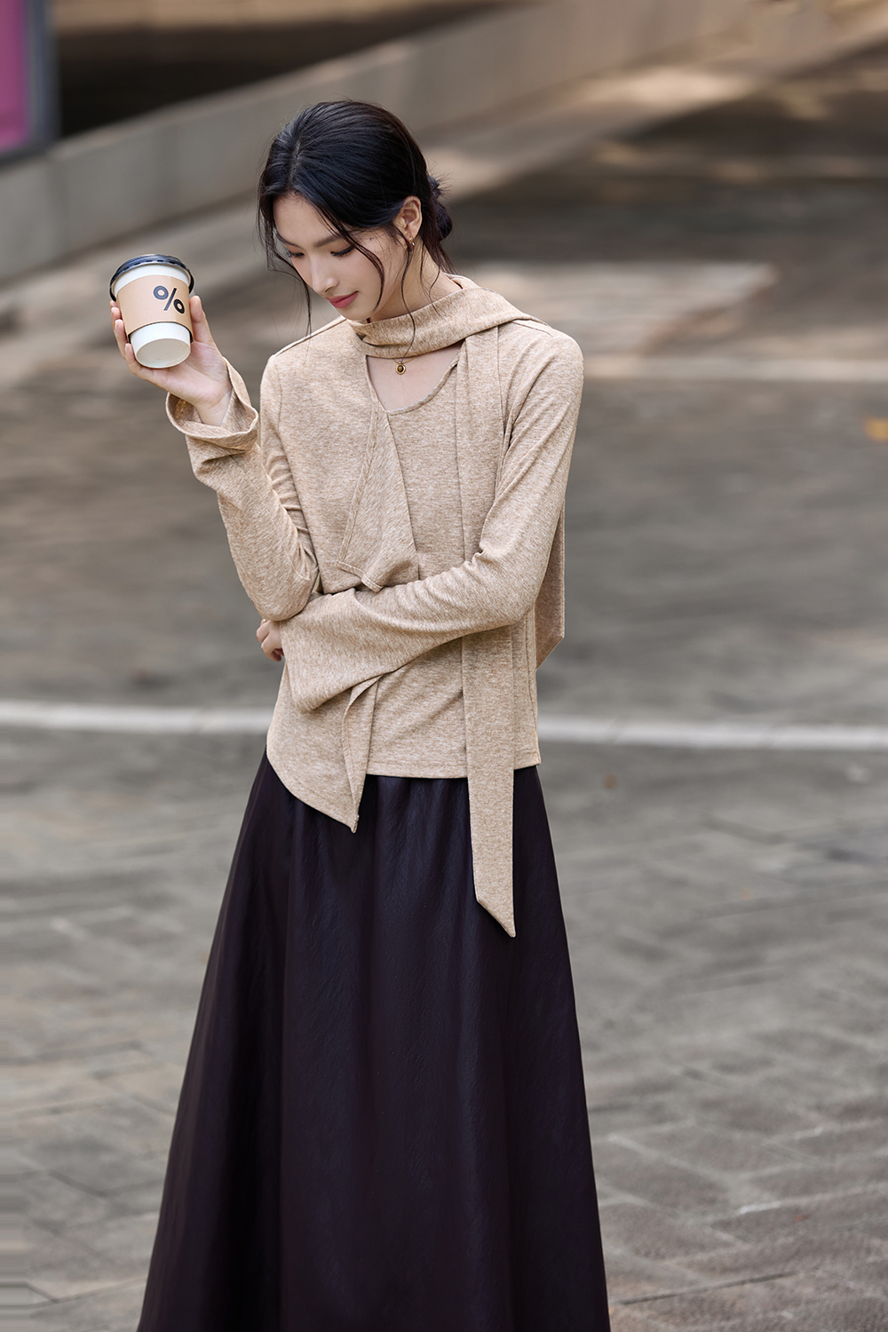 Asymmetric Ruffled Streamer Long-Sleeve T-Shirt