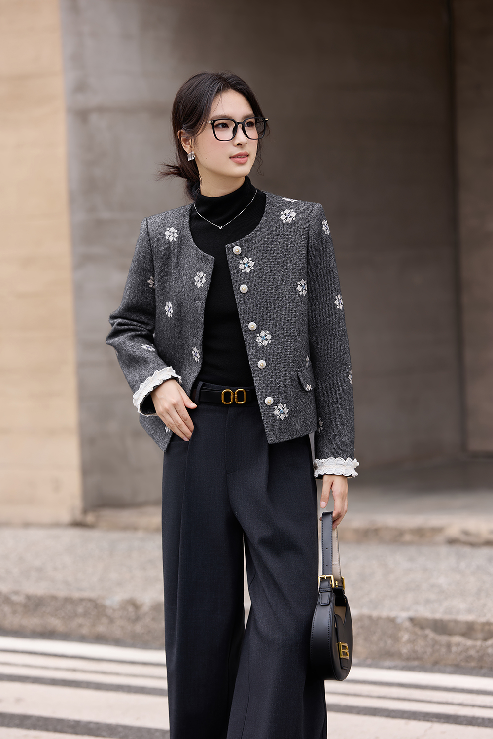 Heather Grey Embroidered Shorts & Jacket Set