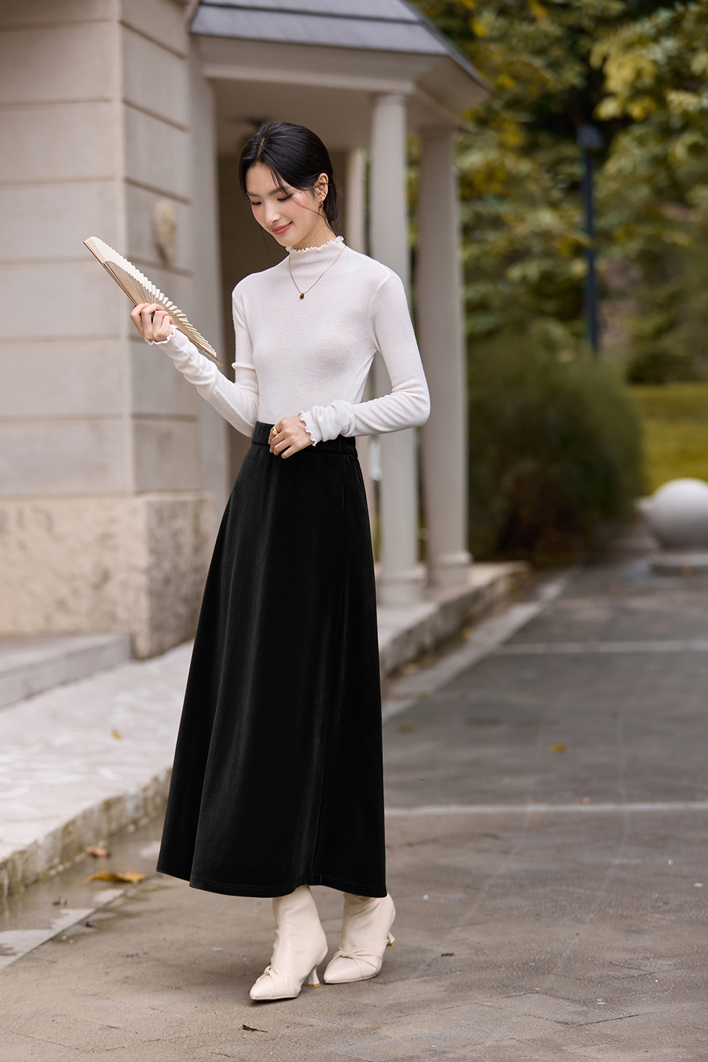 Brown French-Style Knitted Velvet Midi Skirt