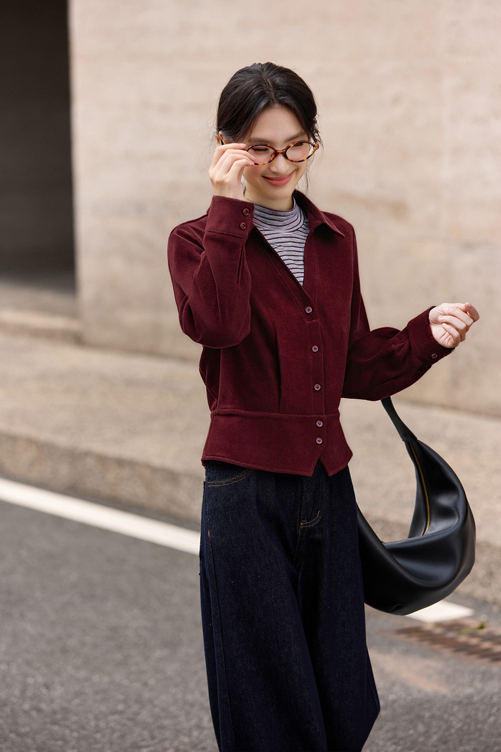 Apricot-Coffee Layered-Look Stand-Collar Shirt