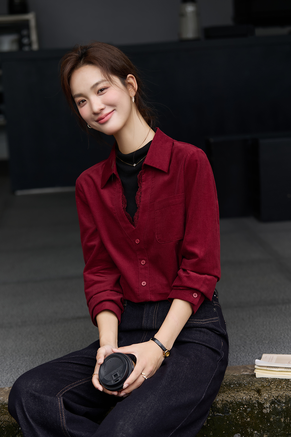 Red-Black French-Style Layered-Look Long-Sleeve Shirt