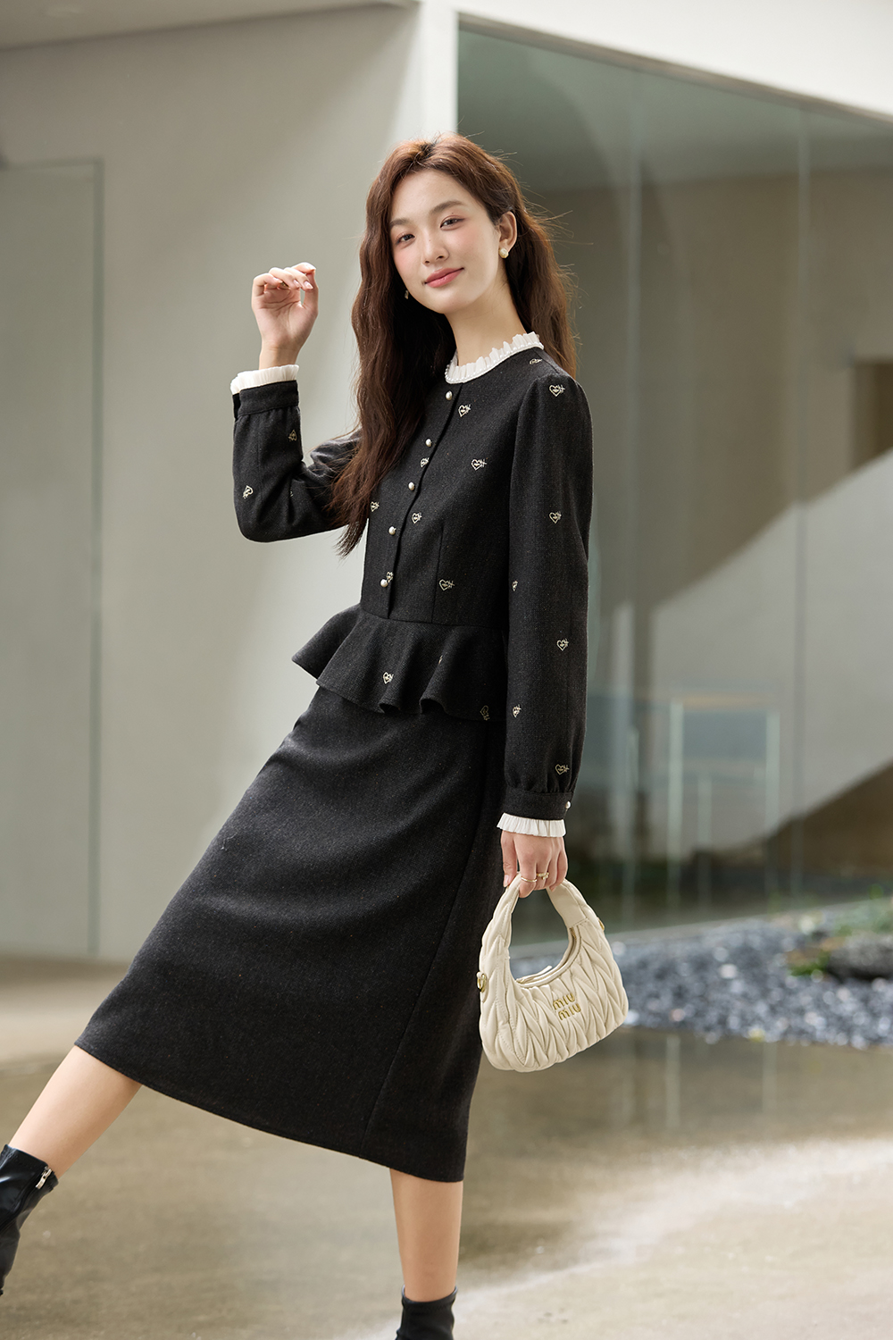 Grey Layered-Look Crewneck Dress