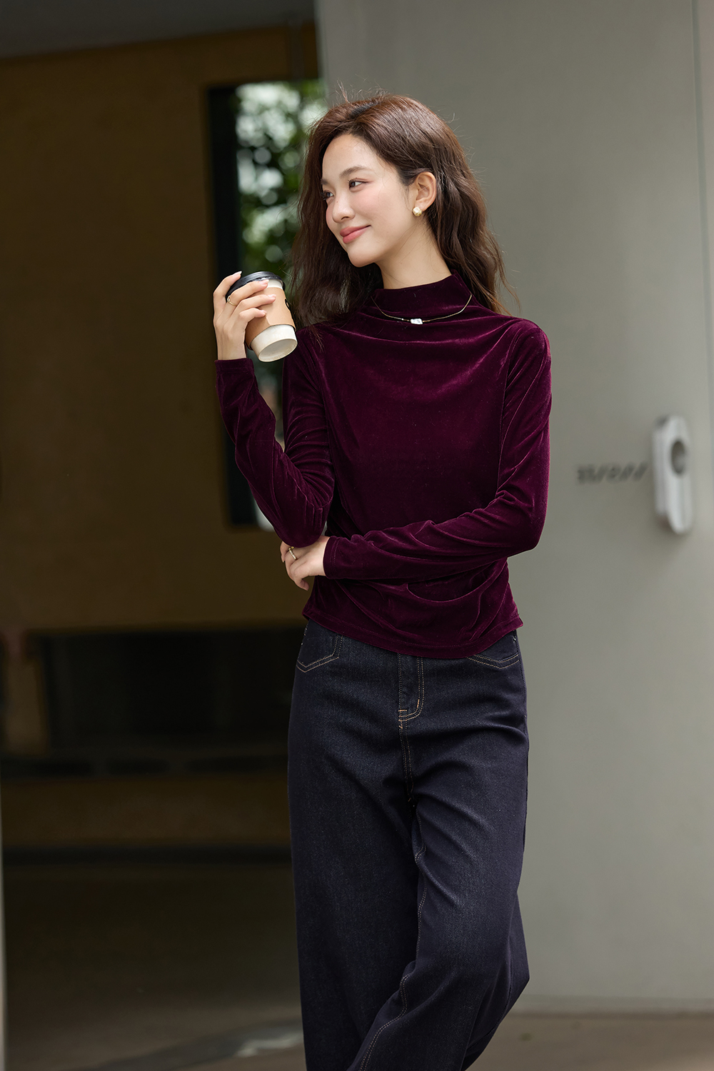 Red Mock Neck Velvet Long-Sleeve Top