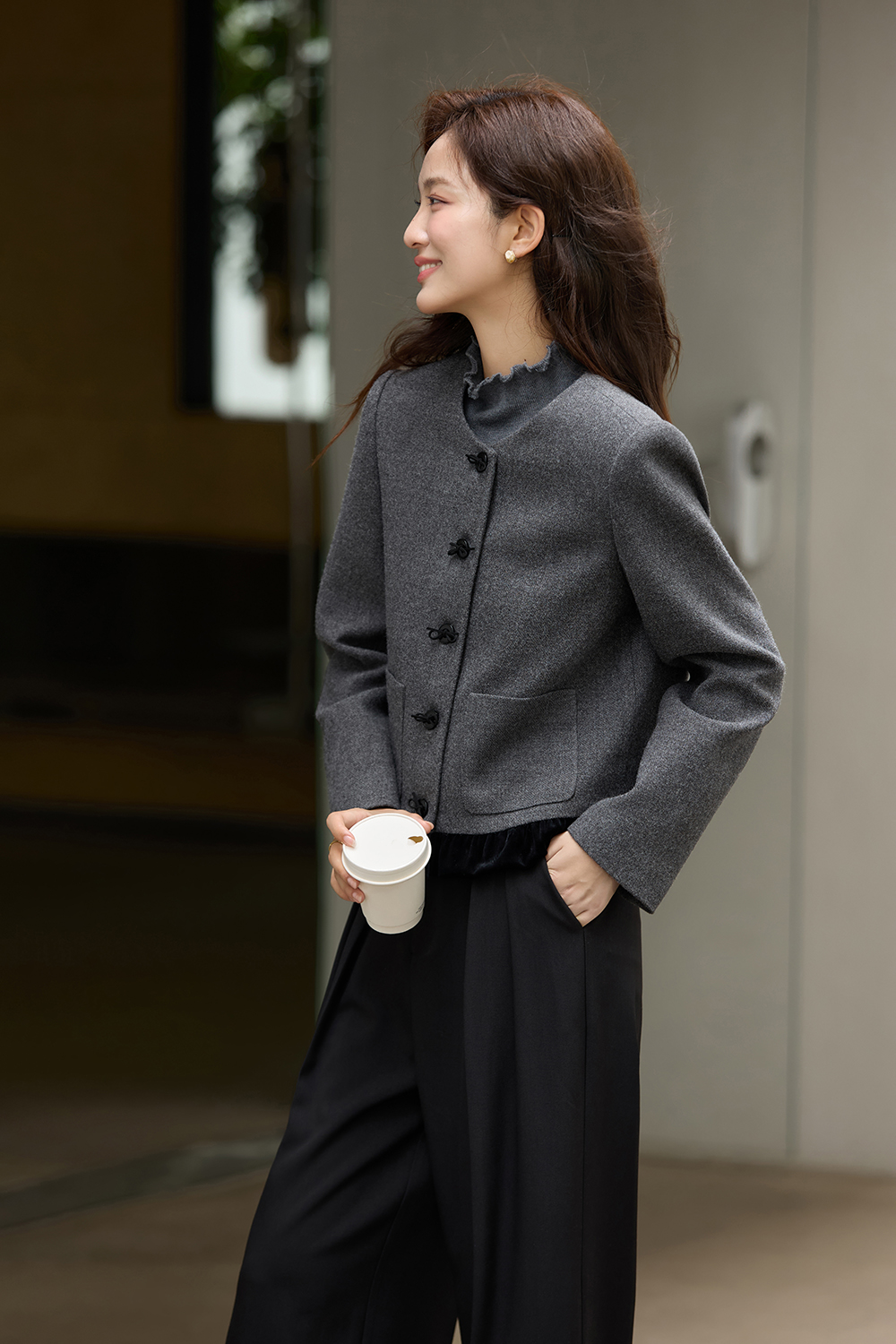 Grey Ruffled Paneled Short Jacket