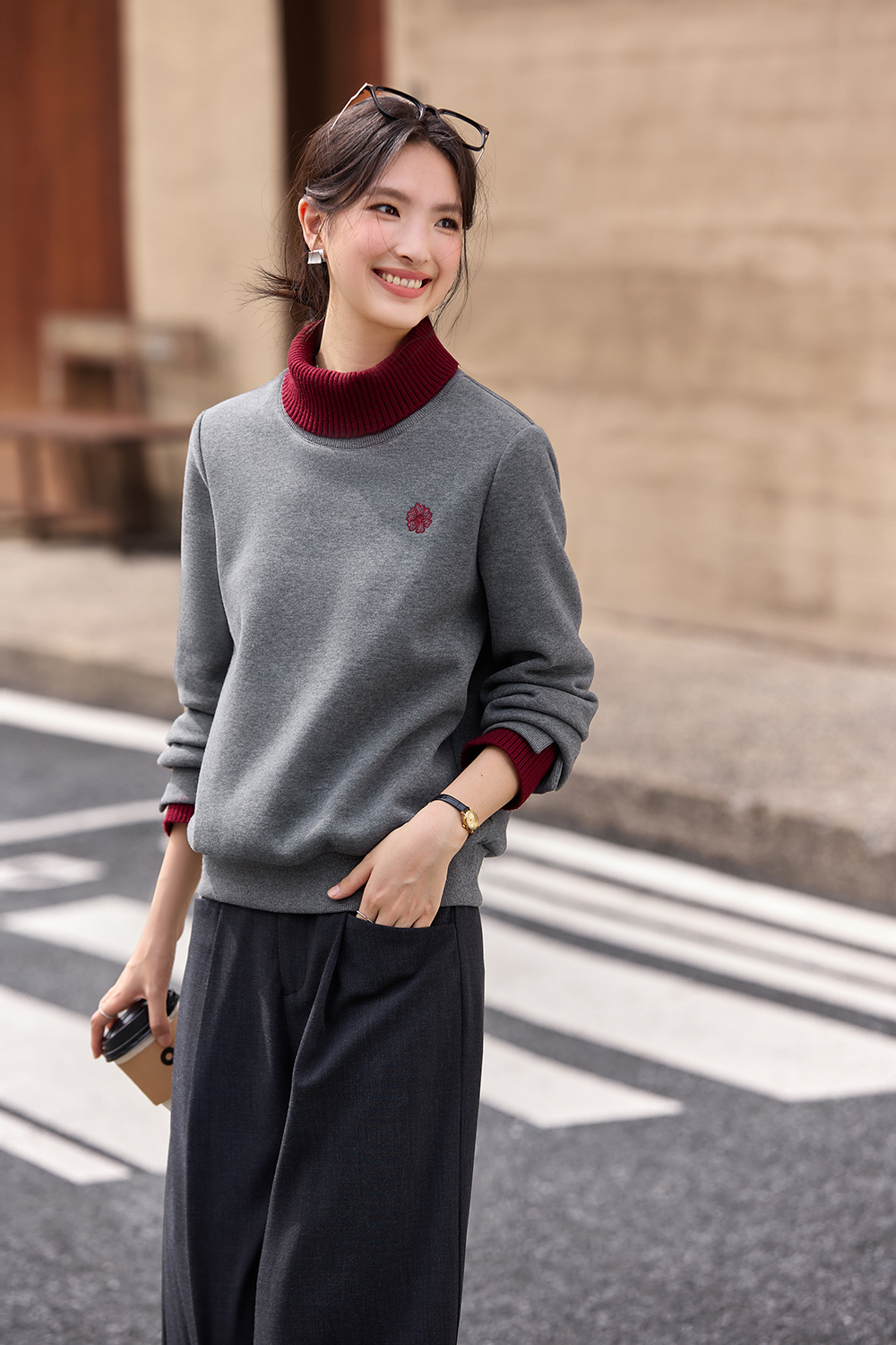 Color-Blocked Layered-Look Turtleneck Hoodie