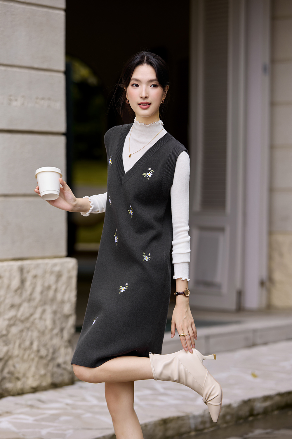 V-Neck Embroidered Vest Dress